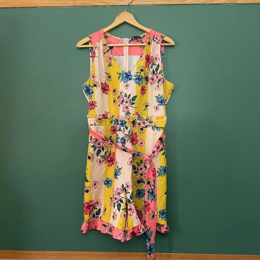 Floral ruffle romper with waist tie